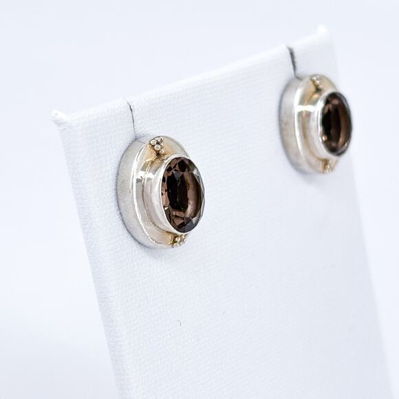 Vintage Sterling Silver 925 Brown Faceted Smoky Quartz Stud Earrings - Picture 3 of 9
